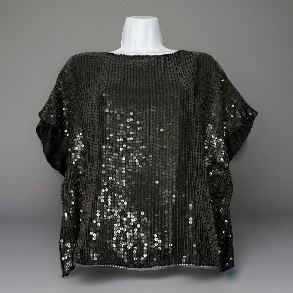 Vintage Shimmer Womens Top Large 100% Silk Sequin Crop Dolman Blouse Disco Retro